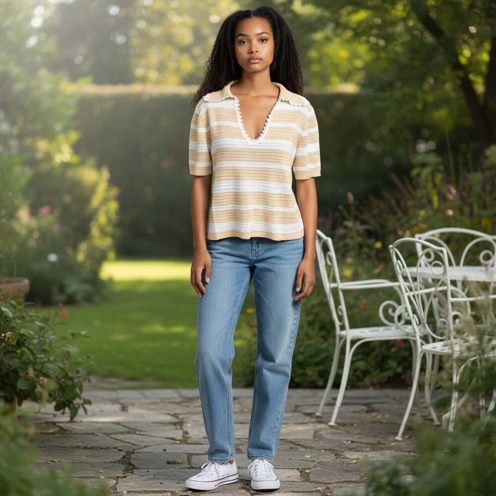 Striped Knit Top Deep V-Neck Lace Trim Khaki & White Size M